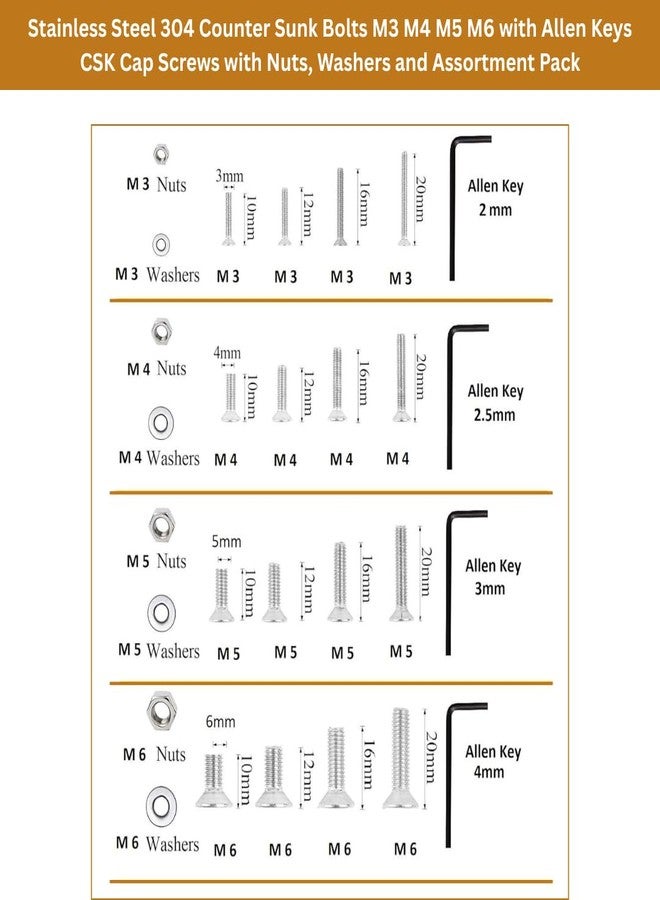 GENERASIS CSK Countersunk Allen Head Bolt Set - M3 M4 M5 M6 Sizes - 304 Stainless Steel Flat Head Allen Cap Screws with Hex Nuts, Washers & Allen Keys - 286-Piece Full Thread Assortment Kit - Image 3